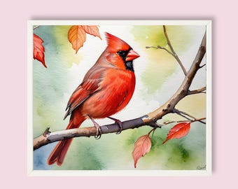 Red Cardinal Watercolor Art Print: Autumn Branch Bird (Digital Download)