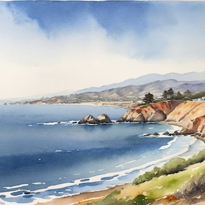 California Coast Watercolor Art Print: Seascape Painting (Digital Download)