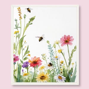 Wildblumen und Biene Malerei Wiese Aquarell Kunst Panorama Blumenlandschaft Digitaldruck Biene und Blumen Neutrale Wandkunst
