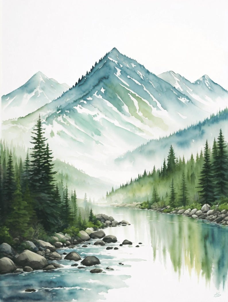 Idaho Landscape Painting Salmon River Watercolor Art Print Mountain ...