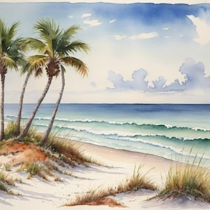 Florida Painting Ocean Beach and Palm Trees Watercolor Art Print Florida Seascape Digital Print Ocean Wall Art Florida Beach Poster