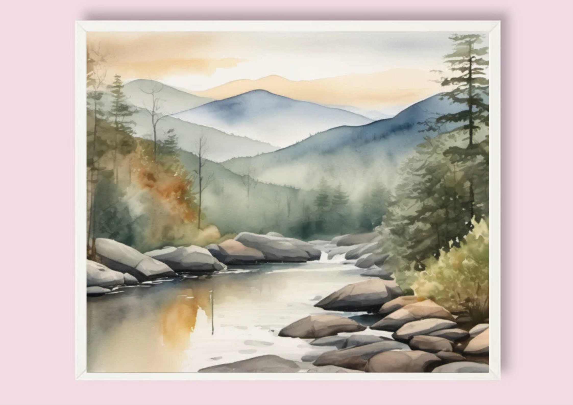 ロッキー山脈の水彩画プリント：霧のかかった山と川の風景（デジタル