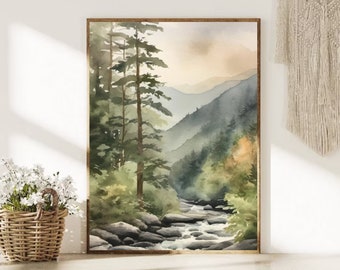 サーモン川の水彩画プリント：アイダホ州の山岳風景（デジタルプリント）