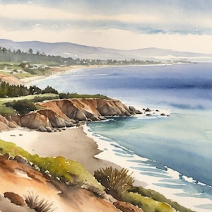 California Coast Watercolor Art Print: Seascape Painting (Digital Print)
