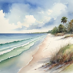 Florida Beach Painting Florida Seascape Watercolor Art Florida Landscape Digital Print Florida Coastline Wall Art Palm Trees on the Beach