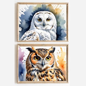 Set of Two Owls Painting White Owl and Brown Owl Watercolor Printable Art Print Birds Digital Print Night Birds Wall Art Two Owls Art
