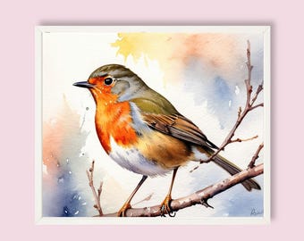 Robin Bird Watercolor Painting: Orange Bird Art Print (Digital Download)