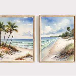 Florida Painting Set of Two Florida Seascape Watercolor Art Print Beach Wall Art Palm Trees Artwork Ocean Seascape Instant Download Poster