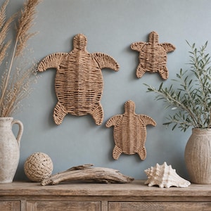 a wooden shelf with various decorative items, including three woven turtle-shaped wall hangings, a vase with greenery, a driftwood log, and a seashell.
