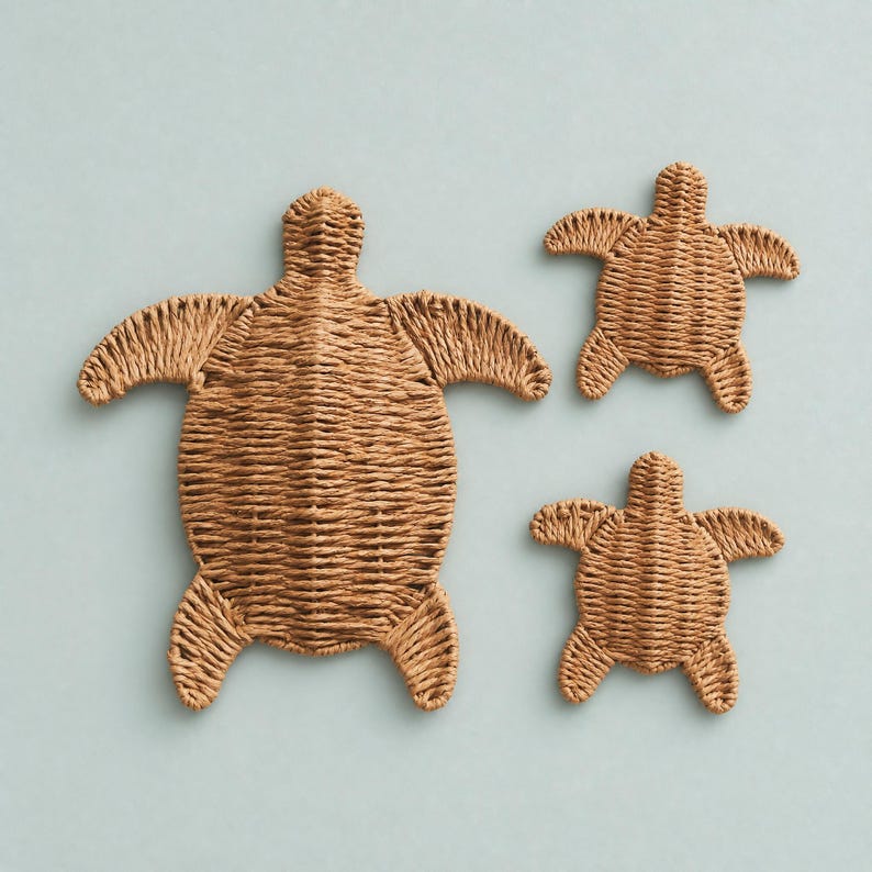 three woven turtle-shaped objects against a light blue background.
