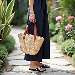 Handwoven Straw Tote Bag: Leather Handles, Lightweight Summer Style image 6