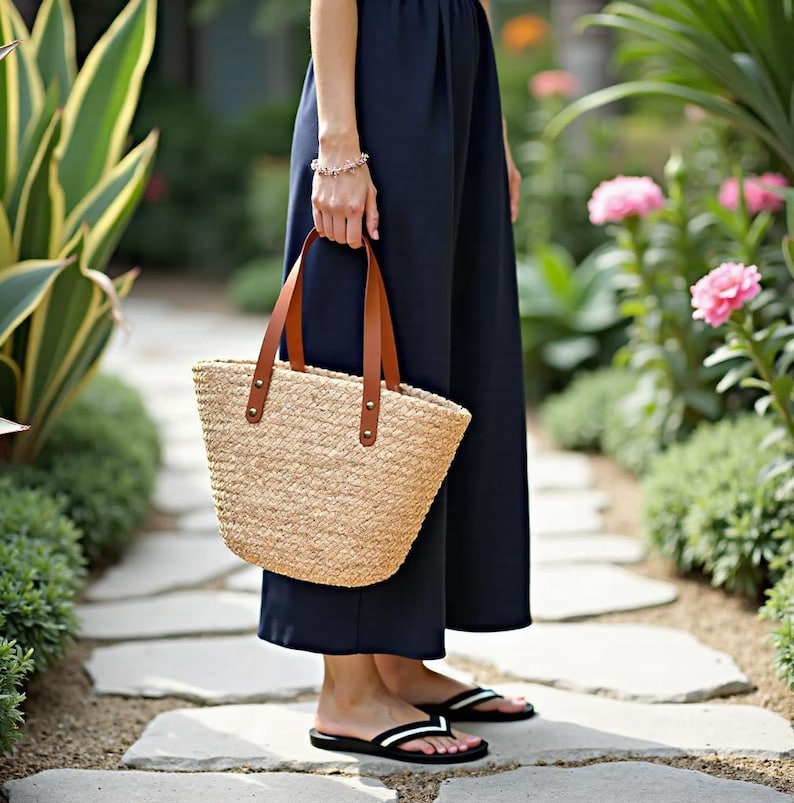 Handwoven Straw Tote Bag: Leather Handles, Lightweight Summer Style image 6