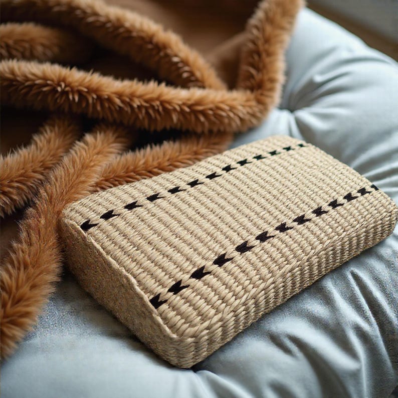 A woven purse with a textured beige pattern rests on a soft, plush surface, accompanied by a cozy brown fur blanket.