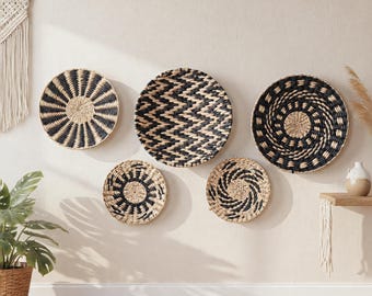 Boho Wall Basket – Black Woven Rattan Wall Decor, Handmade Basket Wall Art for Living Room & Bedroom