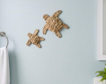 Sea Turtle Wall Decor Set of 2, Handmade Water Hyacinth Wicker Turtles, Boho Coastal Beach Nursery & Bathroom Wall Hanging