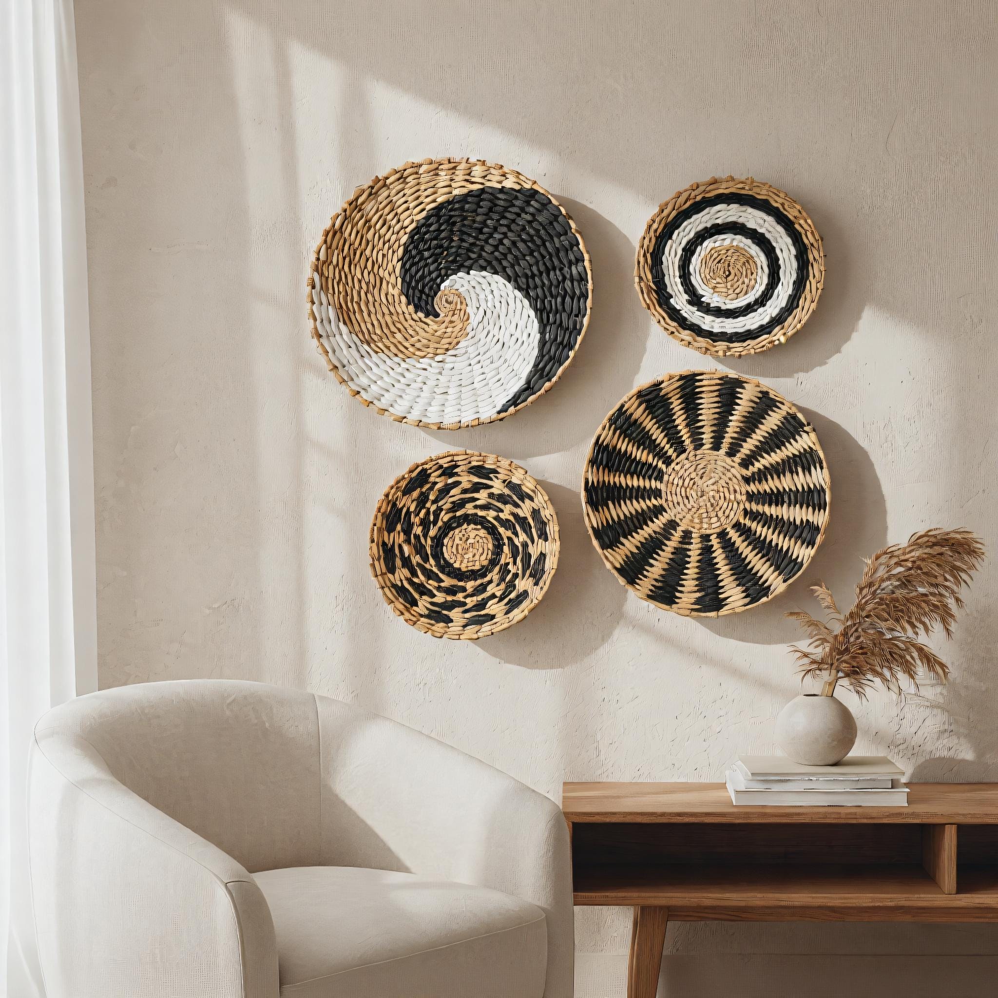 Boho Woven Wall Basket Set – Natural Rattan Wall Art Decor for Living ...