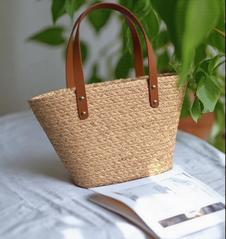 Handwoven Straw Tote Bag: Leather Handles, Lightweight Summer Style image 5