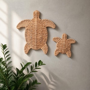 Two woven turtle-shaped wall decorations are displayed on a light-colored wall, with a potted plant to the left.