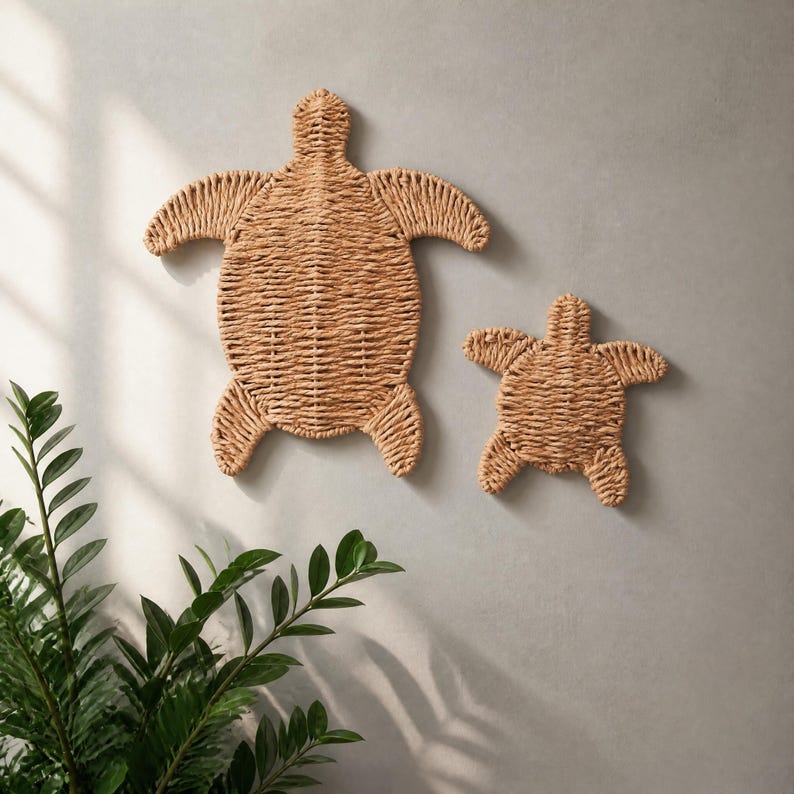 Two woven turtle-shaped wall decorations are displayed on a light-colored wall, with a potted plant to the left.