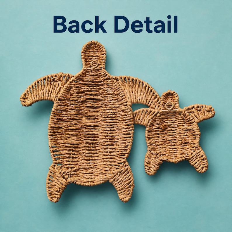 two woven turtle-shaped objects against a blue background.