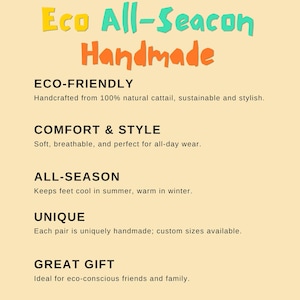 May include: Eco-friendly handmade slippers made from natural cattail. The text on the image reads "Eco All-Seacon Handmade".