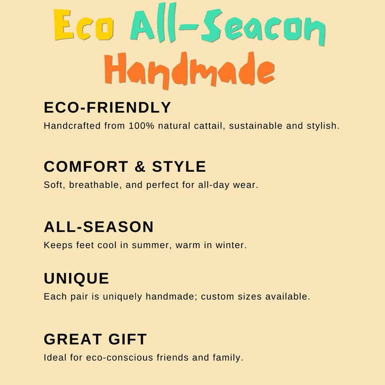 May include: Eco-friendly handmade slippers made from natural cattail. The text on the image reads "Eco All-Seacon Handmade".