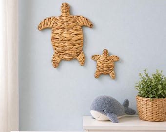 Handmade Sea Turtle Wall Decor, Woven Water Hyacinth Turtle Set, Coastal Beach Bathroom Ornament, Ocean Nursery Art, Turtle Gift