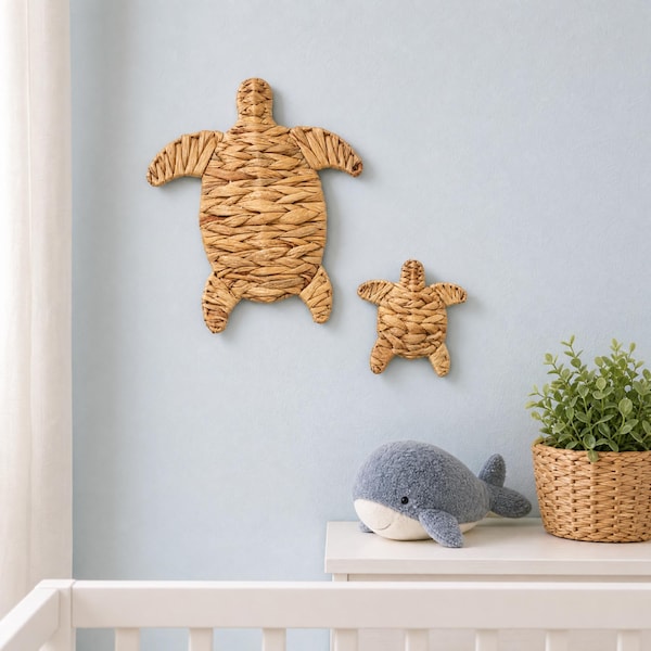 Handmade Sea Turtle Wall Decor, Woven Water Hyacinth Turtle Set, Coastal Beach Bathroom Ornament, Ocean Nursery Art, Turtle Gift