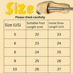 Size chart for woven straw slippers showing US sizes 5–10, suitable foot length 22–26 cm, inside shoe length 23–27 cm. Includes image of slipper with measuring tape inside to demonstrate length in centimeters.