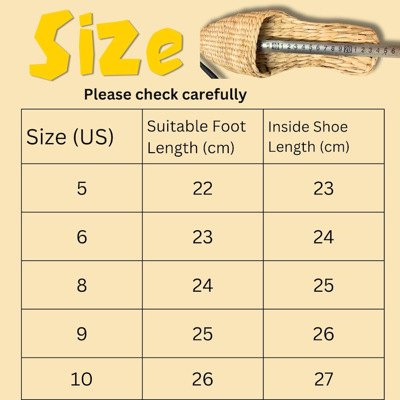 Size chart for woven straw slippers showing US sizes 5–10, suitable foot length 22–26 cm, inside shoe length 23–27 cm. Includes image of slipper with measuring tape inside to demonstrate length in centimeters.