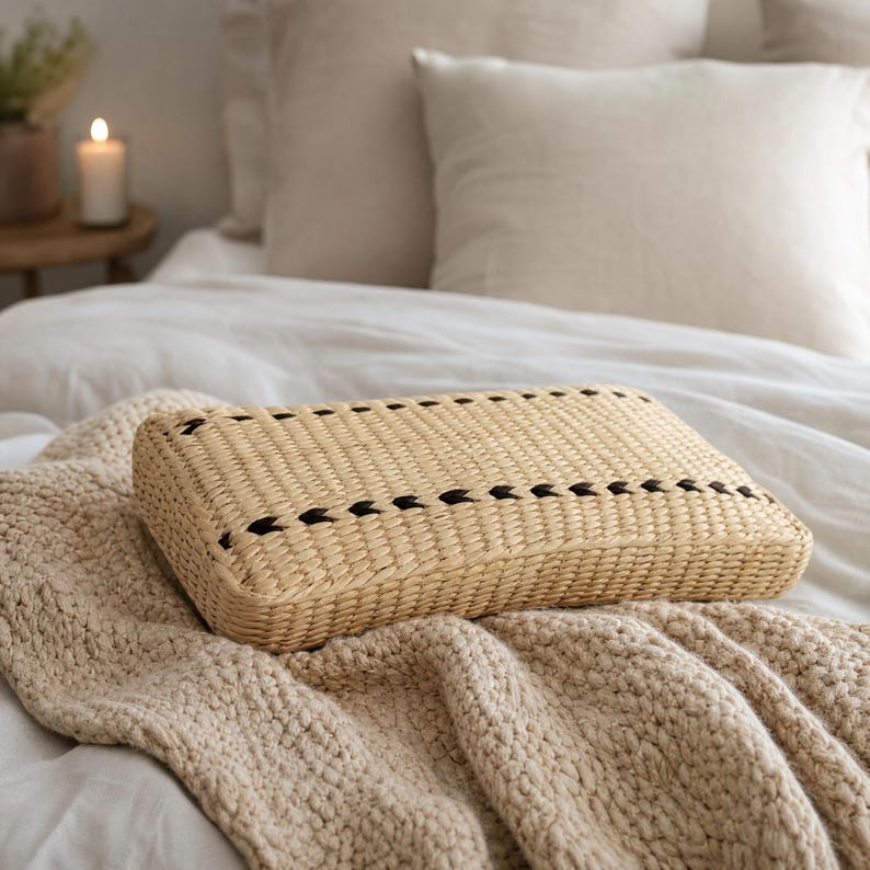 A woven basket with black accents rests on a bed, surrounded by a beige blanket and a white pillow.