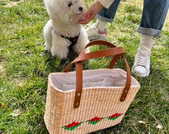 Handwoven Straw Beach Bag with Leather Handles - Eco-Friendly Wicker Tote, Gift for Women's Handbag with Internal Pockets