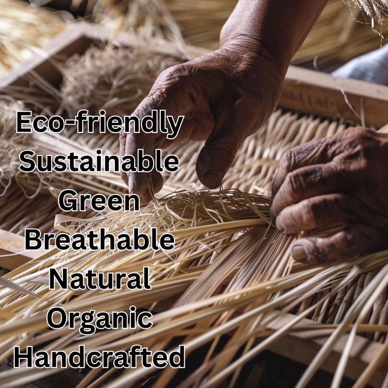 A close-up image of a person's hands working on a woven material, likely a natural fiber such as straw or reed. The text above the image reads "Eco-friendly Sustainable Green Breathtaking Natural Organic Handcrafted".