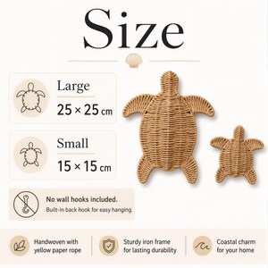 a collection of turtle-shaped objects, including a large and a small turtle, as well as a handwoven item with a yellow paper rope. The objects are described in terms of size, materials, and features, such as the lack of wall hooks and the coastal charm for hanging.