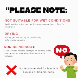 Care notice for woven straw slippers: avoid wet conditions, air dry if wet, non-repairable if damaged. Not suitable for feet with bunions or hammer toes. Includes red warning cross and cartoon figure saying “No.”