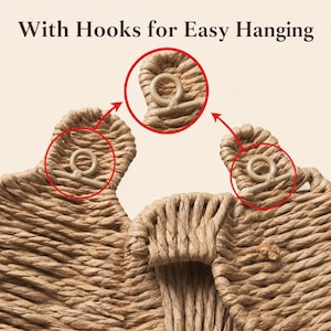 a close-up view of a woven basket with three hooks attached to it, designed for easy hanging.