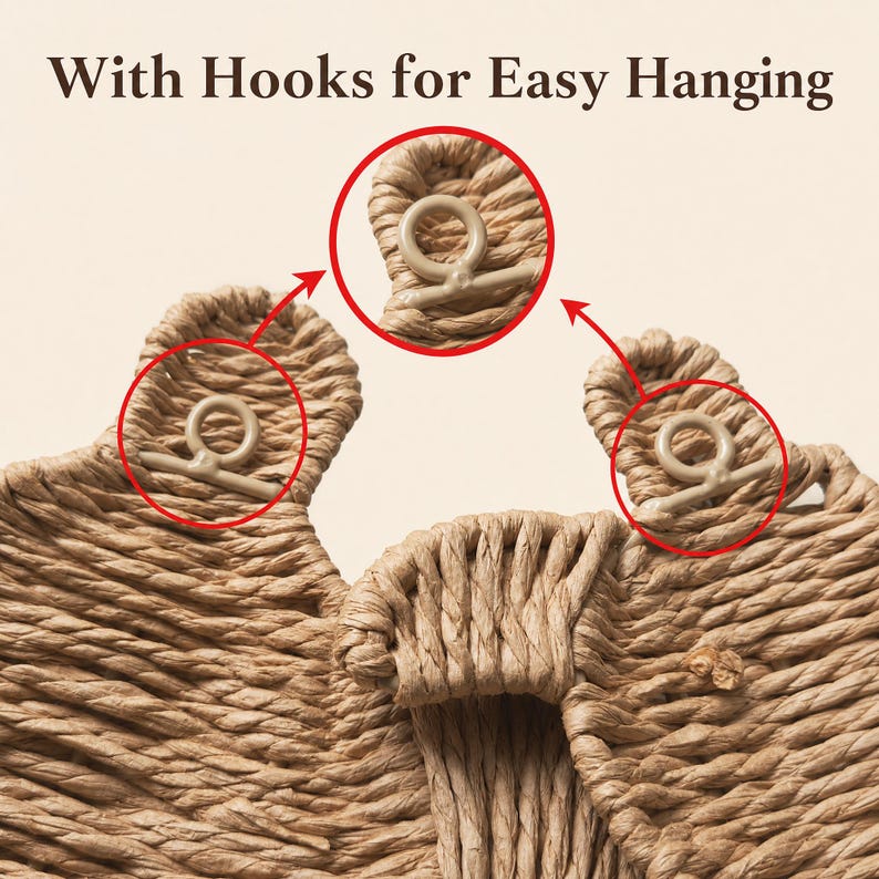a close-up view of a woven basket with three hooks attached to it, designed for easy hanging.