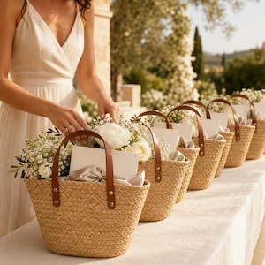 Bridesmaid Tote Bag, Handwoven Straw Bag with Leather Handles, Wedding Welcome Gift