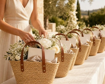 Bridesmaid Tote Bag, Handwoven Straw Bag with Leather Handles, Wedding Welcome Gift