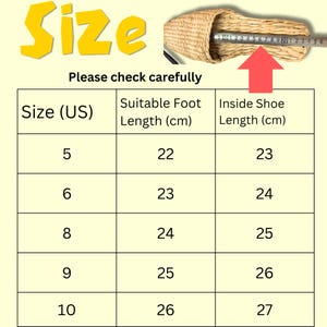May include: A chart showing the size conversion for US shoe sizes to suitable foot length and inside shoe length in centimeters. The chart shows sizes 5 through 10, with corresponding foot lengths of 22 to 26 cm and inside shoe lengths of 23 to 27 cm.