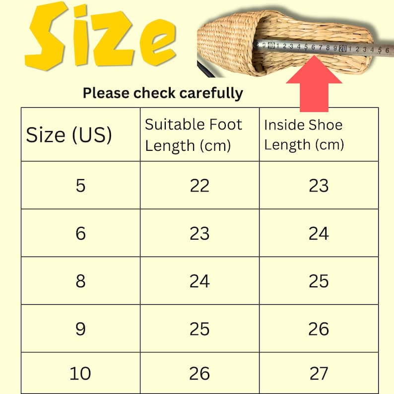 May include: A chart showing the size conversion for US shoe sizes to suitable foot length and inside shoe length in centimeters. The chart shows sizes 5 through 10, with corresponding foot lengths of 22 to 26 cm and inside shoe lengths of 23 to 27 cm.
