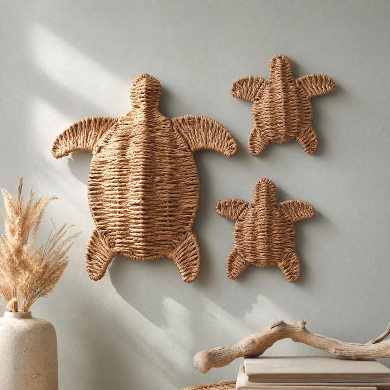 three woven turtle-shaped wall decorations hanging on a light blue wall.