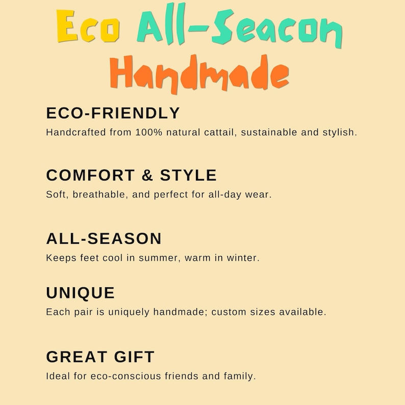 Eco-friendly handmade woven straw footwear crafted from 100% natural cattail. Soft, breathable, suitable for all-season wear. Each pair is unique and customizable, making a perfect sustainable gift for eco-conscious friends and family.