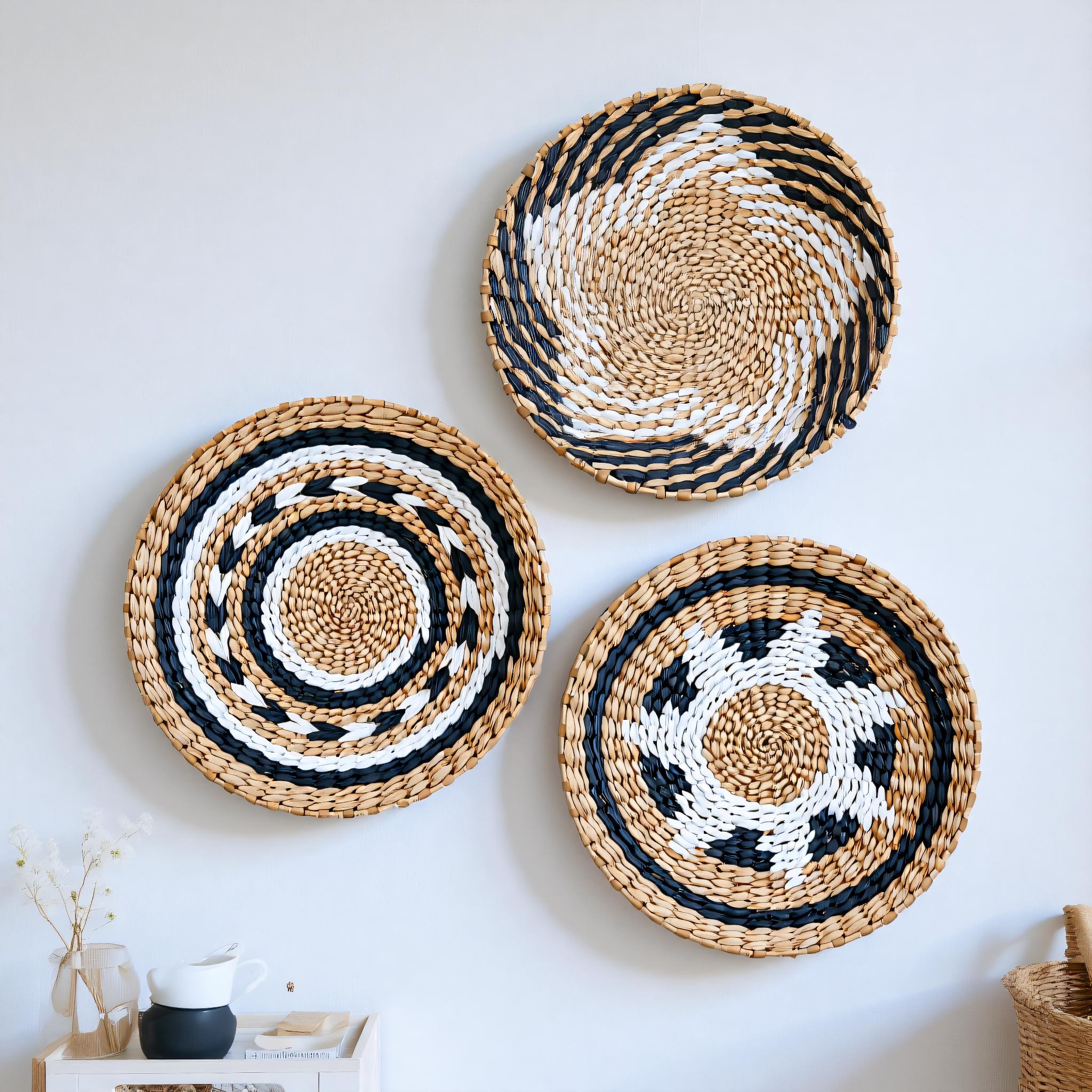 Woven Wall Hanging Basket Set | Black and White Boho Wall Art, Handmade ...
