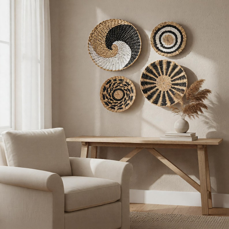 Boho Woven Wall Basket Set – Natural Rattan Wall Art Decor for Living ...