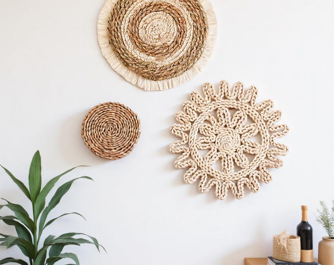 Boho Woven Wall Hanging Basket Set of 3, Natural Rattan Wall Art with Fringe and Sunflower Design, Handmade Rustic Wall Decor