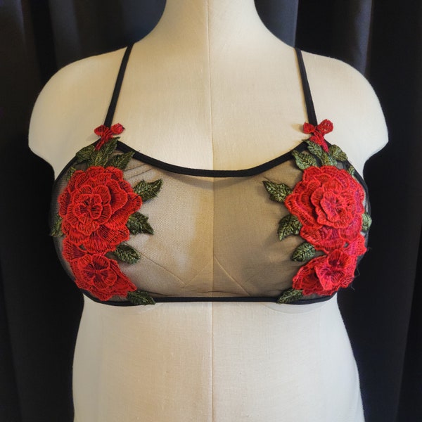 Sheer Mesh Bra Top with Elegant Rose Embroidery - Romantic Lingerie