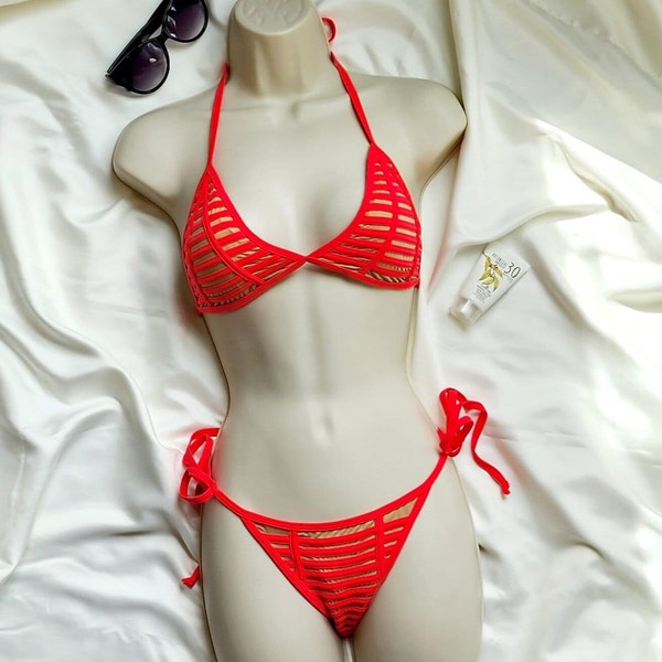 Fake Hollow Out Pattern Bikini Sets, Triangle Halter Neck Tie Side Thong Bottom Two Pieces Swimsuit, Women's Swimwear & Clothing