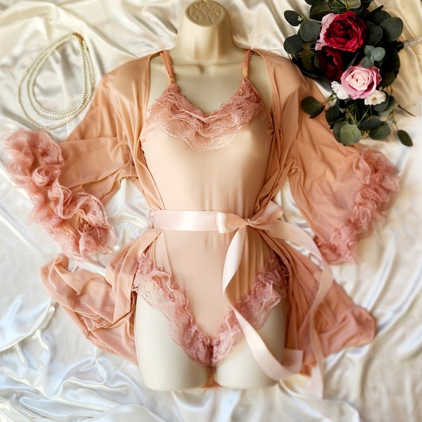 Pink Mesh Sheer See Through Bodysuit with Matching Robe