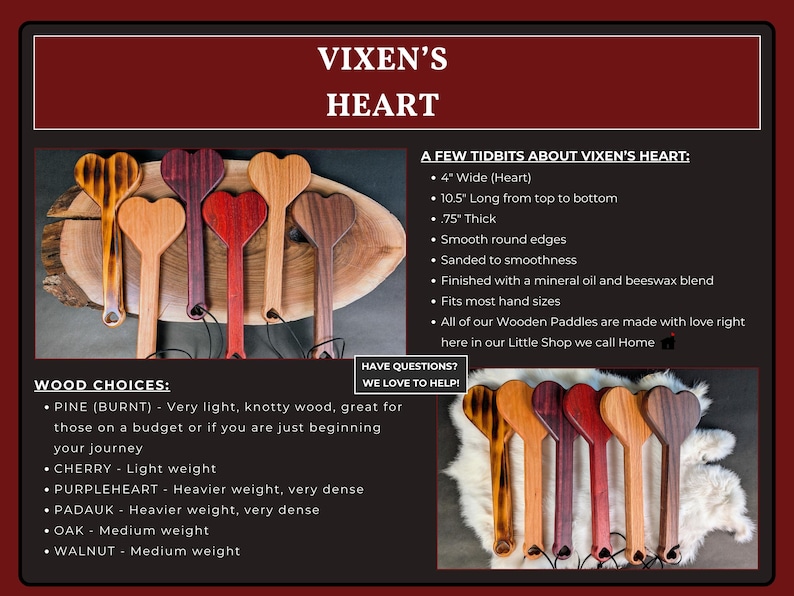 BDSM Heart-Shaped Impact Play Spanking Paddle, Unique Handmade Adult Kink Fetish Mature Impact Toy, Discipline Punishment Paddle, OTK Paddle image 2